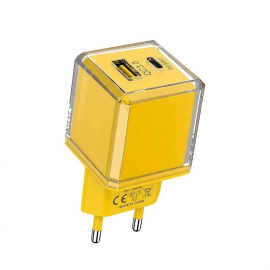 Leewello Зарядно Устройство Без Кабел с USB-A Порт и USB-C Порт 20W Power Delivery / Quick Charge 3.0 Жълто (783192-Yellow)