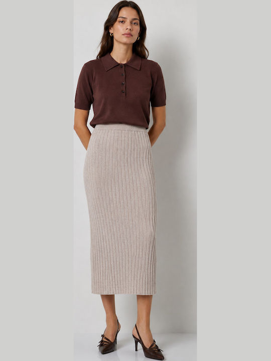 High-Waisted Midi Skirt Beige-Melange