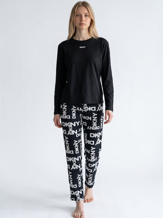 DKNY Зимен Дамски Комплект Пижама Бяло-черен