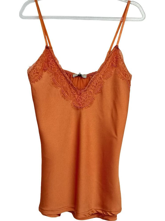 Topaki Damen Sommerbluse aus Satin Ärmellos mit V-Ausschnitt Orange