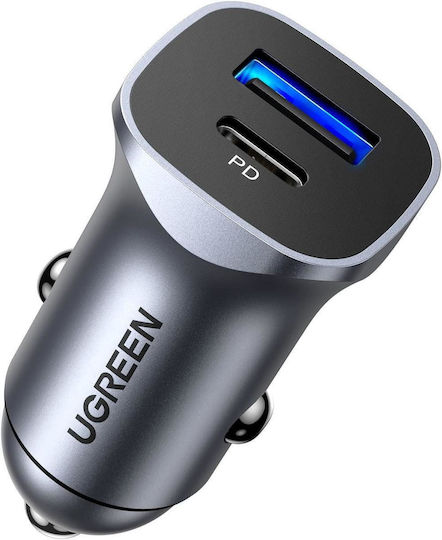 Ugreen 24-W-Autoladegerät mit Schnellladefunktion und Anschlüssen: 1 × USB-A, 1 × USB-C, Grau