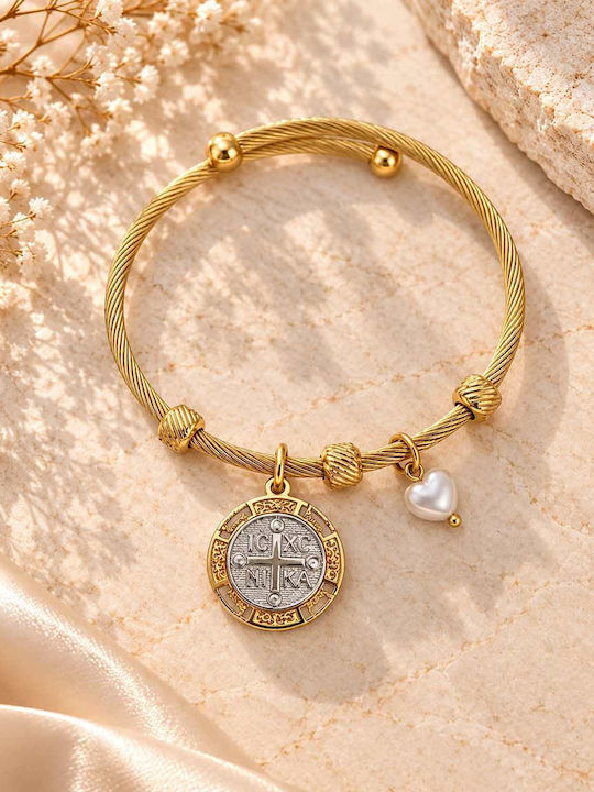 Stainless Steel Cuff Bracelet With Byzantine Coin & Heart Charm