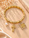 Gold Stainless Steel Bracelet With Byzantine Charm, Cross & Pearl