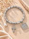 Silver Stainless Steel Bracelet With Byzantine Charm, Cross & Pearl