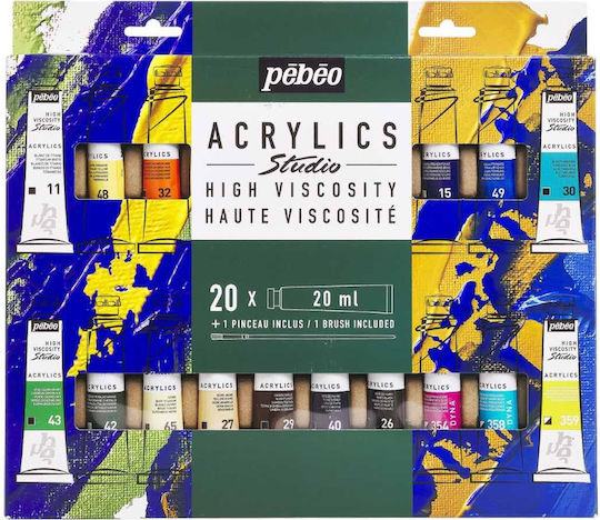 Комплект акрилни бои Studio Acrylics 20x20 ml с четка Pébéo
