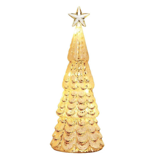 Brad Decorativ de Crăciun din Sticlă, cu Lumină LED, 24 cm, Auriu Brad Decorativ de Crăciun din Sticlă, cu Lumină LED, 24 cm, Auriu
