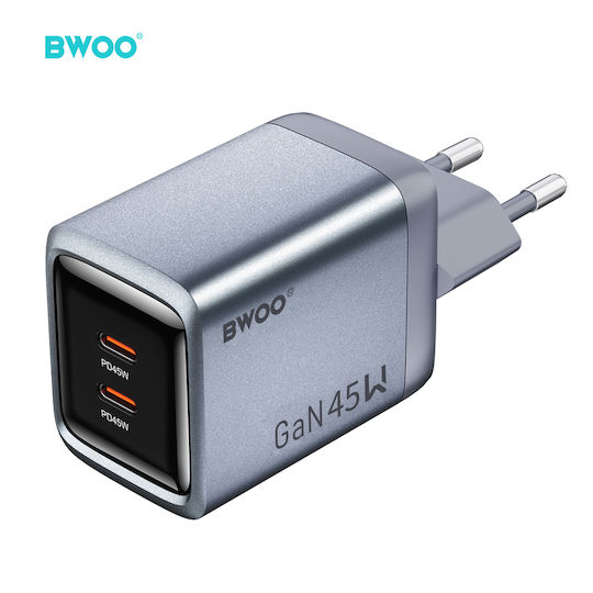 BWOO Încărcător Fără Cablu GaN cu 2 Porturi USB-C 45W Power Delivery Gri Închis (BO-CDA239)