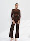 Women's Long-Sleeve Brown Jumpsuit