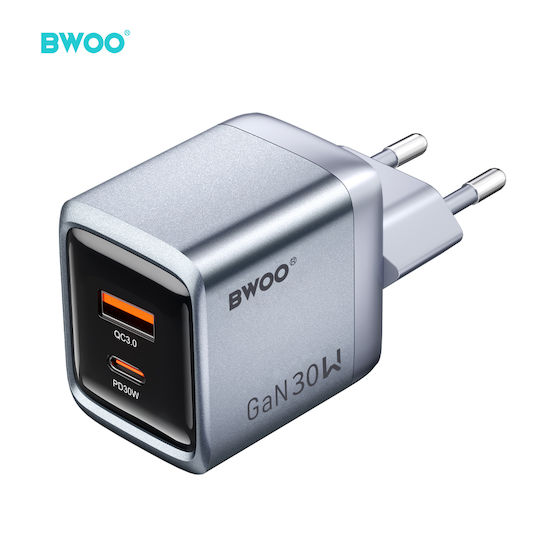 BWOO Încărcător Fără Cablu cu Port USB-A și Port USB-C 30W Power Delivery Gri (BO-CDA237)