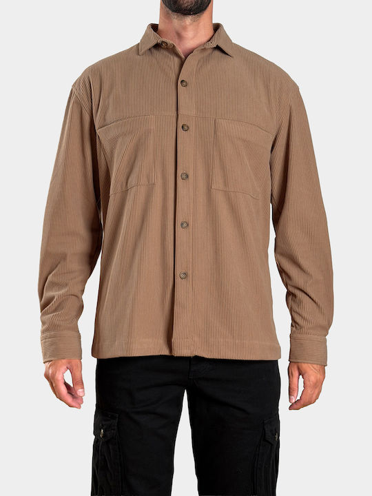 Overshirt din Catifea Raiată cu Mânecă Lungă Bej
