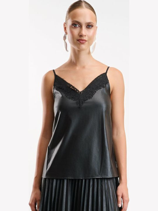 Women's Leather Blouse with Straps & V-Neck Black