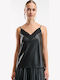Women's Leather Blouse with Straps & V-Neck Black