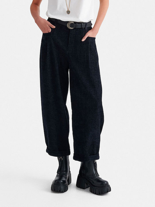 attrattivo Pantaloni de Catifea Dama cu Talie Înaltă Darkblue