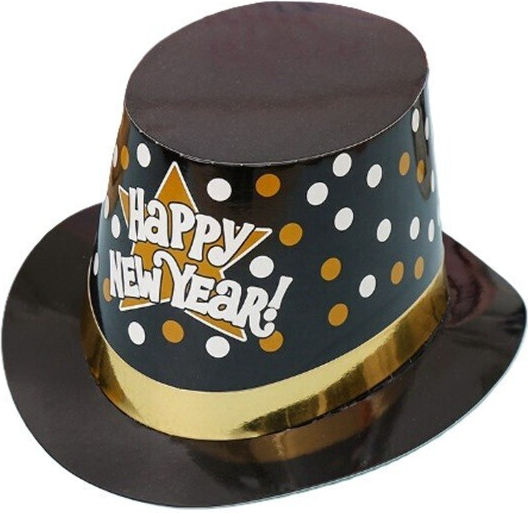 Pălărie Stil Lincoln Flippy Happy New Year Cu Buline, Accesoriu Pentru Petrecerea de Anul Nou, Mărime Universală, Carton, Negru și Auriu