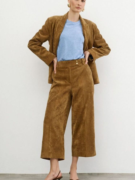 Women's High-Rise Brown Corduroy Capri Trousers