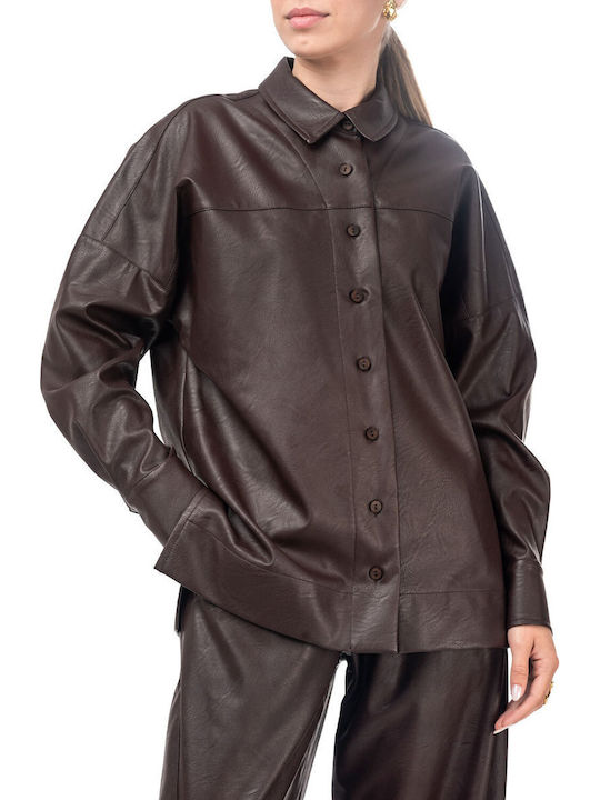 Moutaki Long Sleeve Women's Leather Shirt Brown