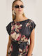 Women's Satin Short Sleeve Floral Blouse Burgundy