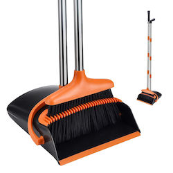 Relaxdays Broom Dustpan Set 10053707 Adjustable Modular Handle 124 Cm Plastic Stainless Steel Integrated Cleaning Brush Black Orange