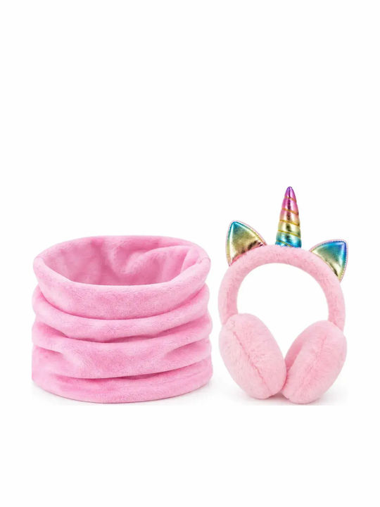Kinder-Mützenset mit Schal, Fellbesatz, Rosa