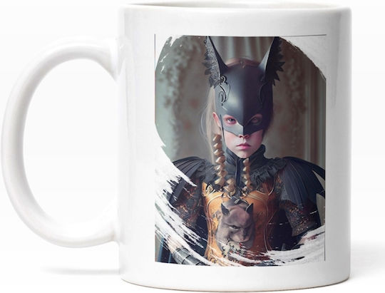 Portret Carnaval Queen, Fetiță Cu Mască În Stil Batman, Cu O Pisică În Brațe, Păr Blond, Ținută Din Perioada Interbelică Cană Ceramică Albă 330ml (Personalizată)