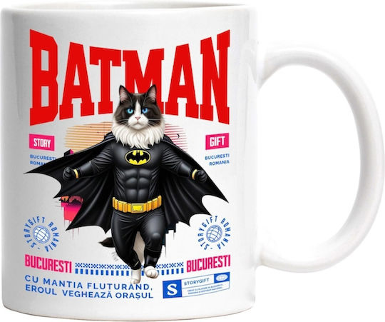 Ragdoll Cat In A Batman Costume With Cape, Nighttime Hero, Cartoon, Kids, Animal Lovers Cană Ceramică Albă 330ml (Personalizată)