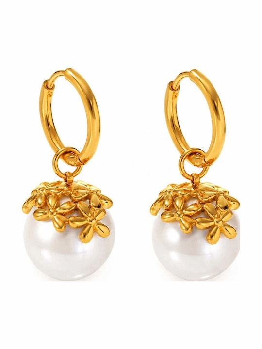 Gold Steel Earrings 316L Hoops with White Pearl 3.4cm E5001