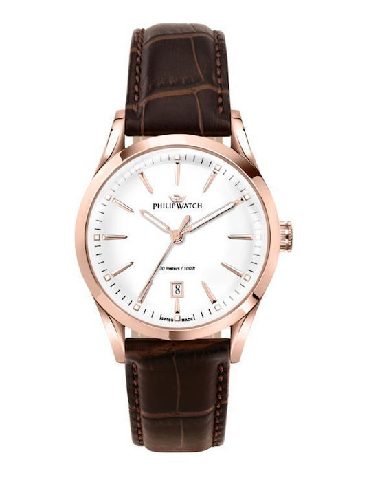 Men's 39mm Battery Watch with Leather Strap Silver / Brown