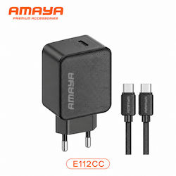Amaya Зарядно устройство с USB-C порт и USB-C - USB-C кабел 25 W Черно (E112CC) Amaya Зарядно устройство с USB-C порт и USB-C - USB-C кабел 25 W Черно (E112CC)