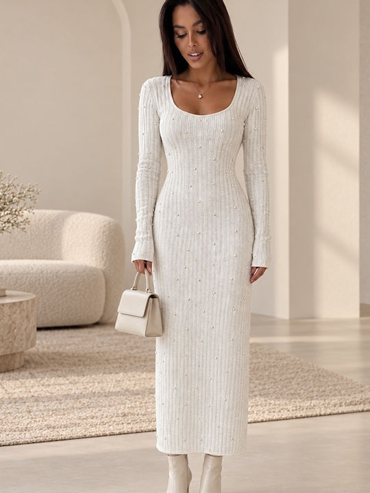 Rochie Maxi Tricotată cu Mâneci Lungi White