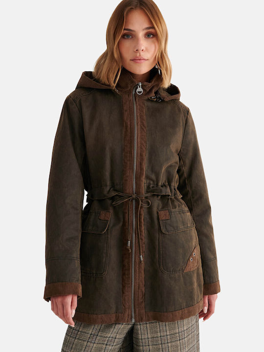 Langer Damenparka für den Winter Braun