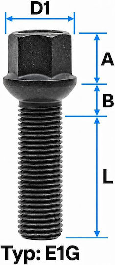 M14x1.5 Wheel Bolt, Ball Seat, 12 mm Radius, 17 mm Wrench Size, 40 mm Length, Black