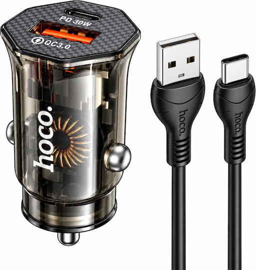 Hoco Exclusive Hoco Lightweight Car Charger 30W USB-C PD30W + USB-A 18W QC3.0A USB-A to USB-C Cable Transparent Tinted Dz16 Apex