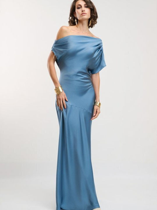 Desiree Maxi Βραδινό Φόρεμα Σατέν Ντραπέ Μπλε