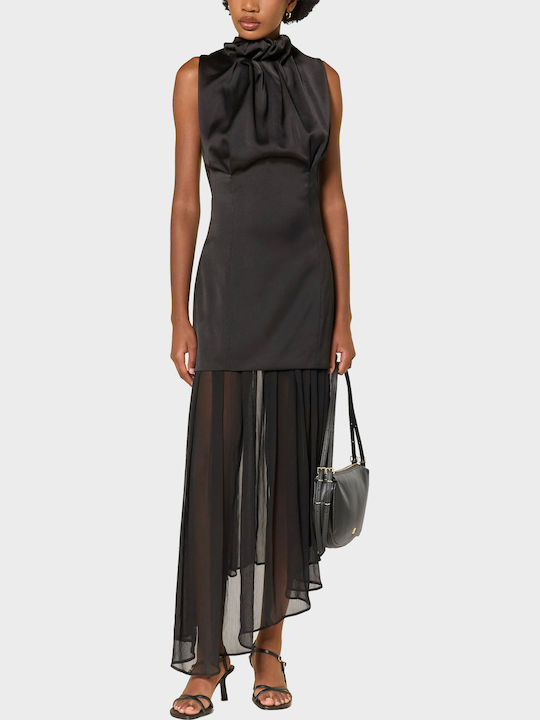 Maxi Βραδινό Φόρεμα Σατέν Ντραπέ με Διαφάνεια Black