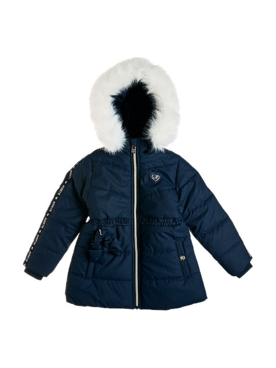 Kurzer Kinderfellmantel mit Futter und Kapuze Blau