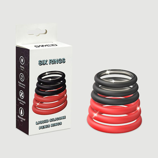 6er-Set Silikon-Penisringe Six Rings Silicone Cock Ring Set Schwarz Rot