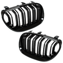 BMW Seria 5 E60 E61 03-10 Grile Între Faruri Tip Rinichi Stânga + Dreapta Set Bare Duble Curbate Negru Lucios BMW Seria 5 E60 E61 03-10 Grile Între Faruri Tip Rinichi Stânga + Dreapta Set Bare Duble Curbate Negru Lucios