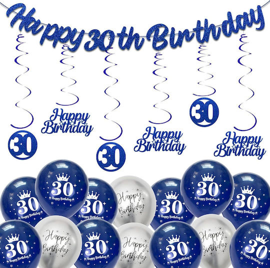30th Birthday Decoration Set Blue Silver Garland Balloons