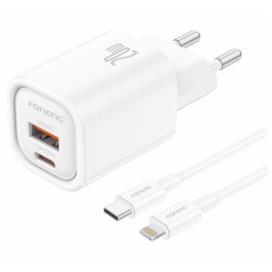 Foneng Ladegerät mit USB-A-Anschluss und USB-C-Anschluss und USB-C-auf-Lightning-Kabel 20 W Power Delivery / Quick Charge 3.0 Weiß (EU70)