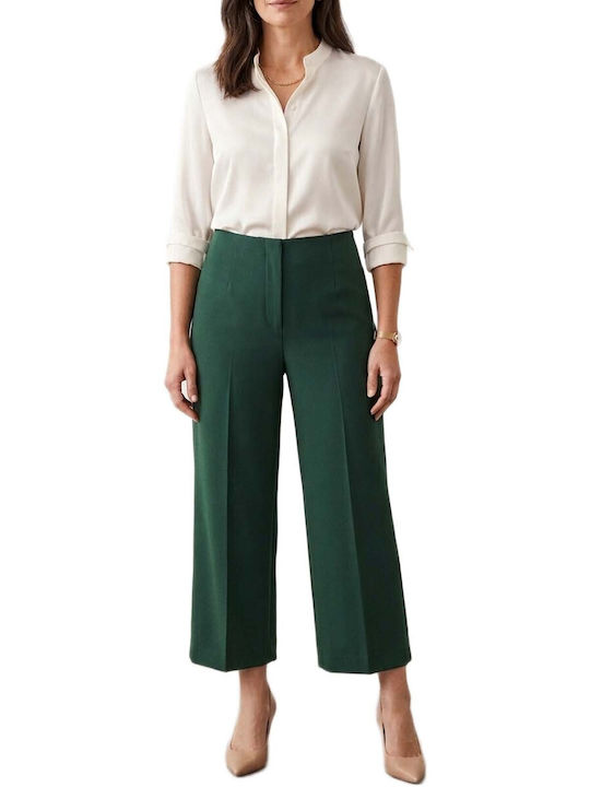 Grüne Damen-Stoffhose mit Hohem Bund und Geradem Bein