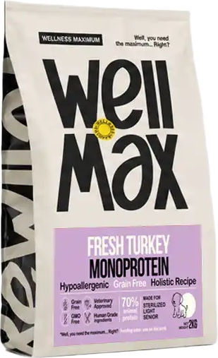 Wellmax Grain-Free Senior Light Sterilised Turkey Monoprotein-Hypoallergenic Dry Dog Food 2kg
