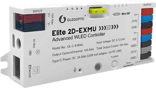 Gledopto Elite 2d-exmu Controler WLED Avansat – Controler LED RGBIC cu Două Canale, Microfon, USB‑C, ESP32, Wi‑Fi, Ethernet GL-C-616WL