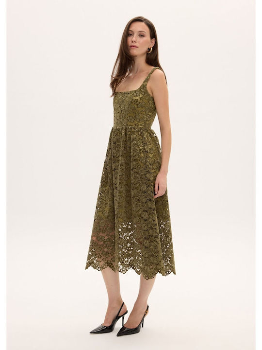 Rochie Midi pentru Nuntă / Botez cu Dantelă Kaki