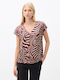 Women's Short-Sleeve Satin Blouse with V-Neck Animal Print Burgundy