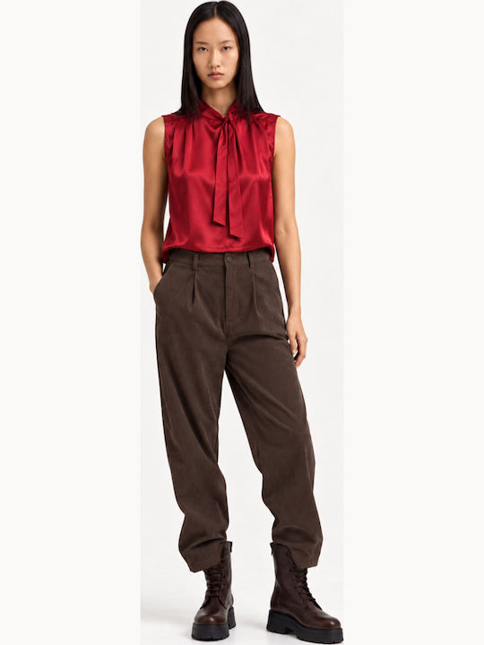 Areli Women's Corduroy Trousers with Elasticated Waist in Relaxed Fit Brown