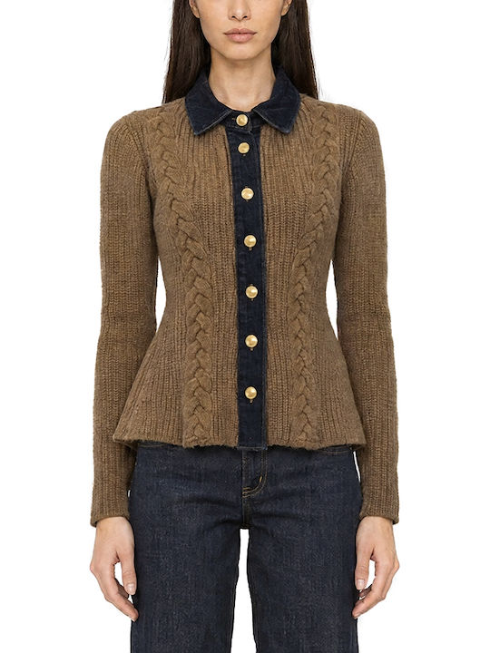Women's Knitted Cardigan with Buttons Camel-Blue
