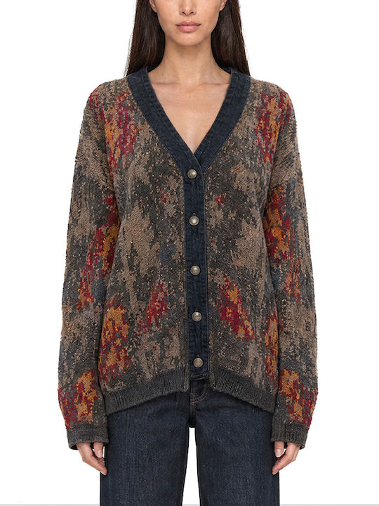 Long Women's Knitted Cardigan with Buttons in Anthracite-Red-Blue