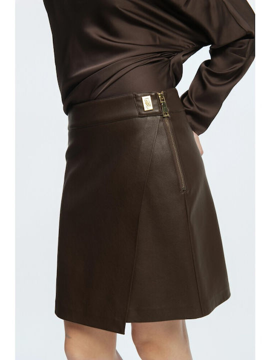 Leather High-Waisted Mini Envelope Skirt Brown
