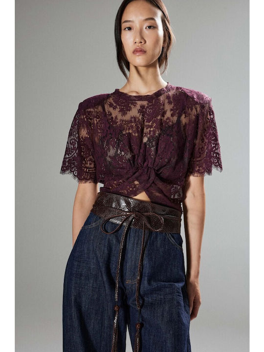 Women's Crop Top with Lace & Mesh Burgundy