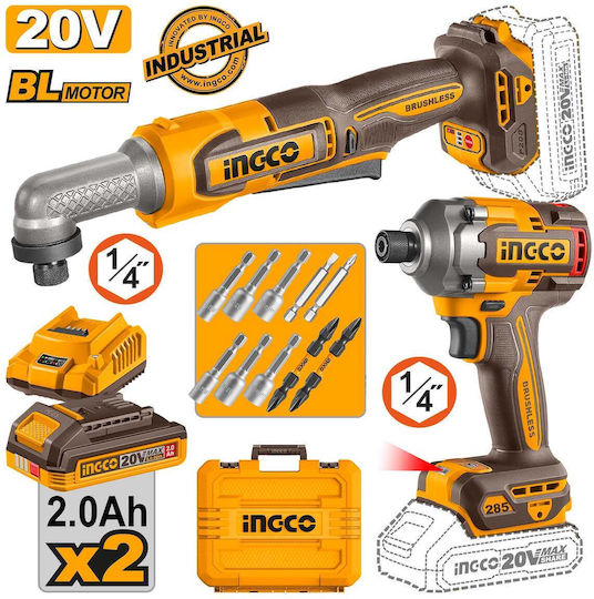 Ingco COSLI260296E Σετ 2 Παλμικά Κατσαβίδια Brushless 20V με 2 Μπαταρίες 2Ah και Θήκη